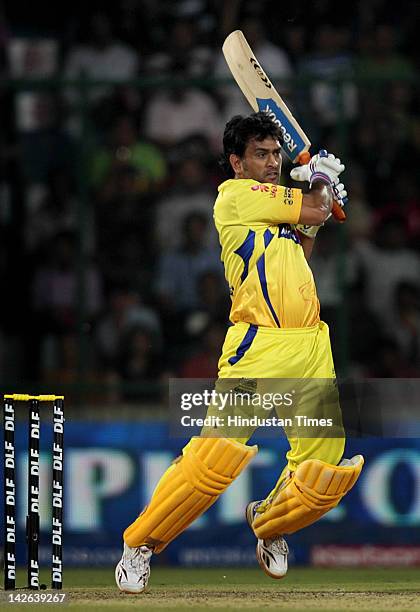 Chennai Super Kings captain M S Dhoni plays a shot IPL 5 cricket match between Delhi Daredevils and Chennai Super Kings at Ferozshah Kotla Ground on...