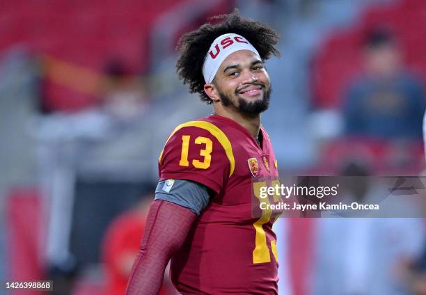 Quarterback Caleb Williams of the USC Trojans smiles as he heads off the field prior to for the game against the Fresno State Bulldogs at United...