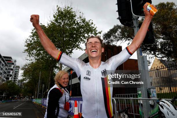 Race winner Emil Herzog of Germany reacts after the 95th UCI Road World Championships 2022 - Men Junior Road Race a 135,6km race from Wollongong to...