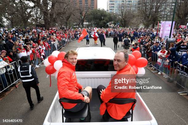 Sydney Swans coach John Longmire and Callum Mills attend during the 2022 AFL Grand Final Parade on September 23, 2022 in Melbourne, Australia.