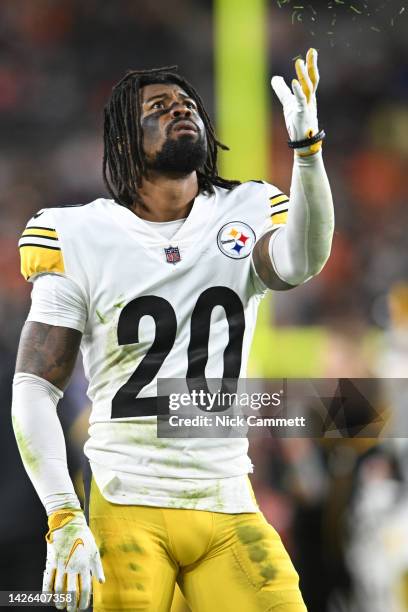 Cameron Sutton of the Pittsburgh Steelers tosses grass against the Cleveland Browns at FirstEnergy Stadium on September 22, 2022 in Cleveland, Ohio.