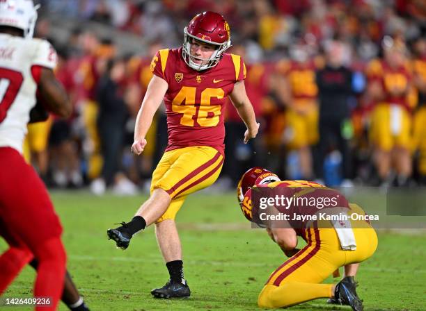 Kicker Denis Lynch of the USC Trojans hits a field goal in the game against the Fresno State Bulldogs at United Airlines Field at the Los Angeles...