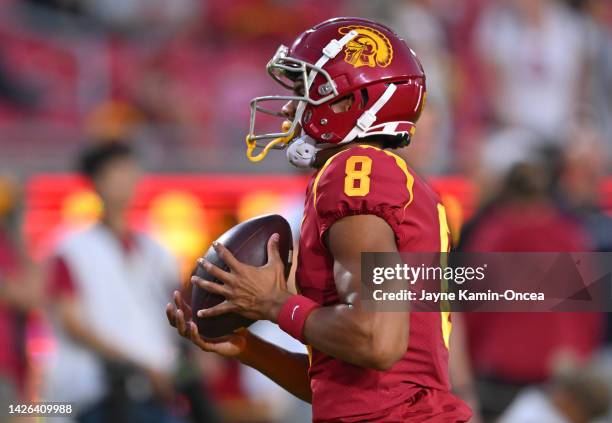 Wide receiver CJ Williams of the USC Trojans warms up for the game against the Fresno State Bulldogs at United Airlines Field at the Los Angeles...