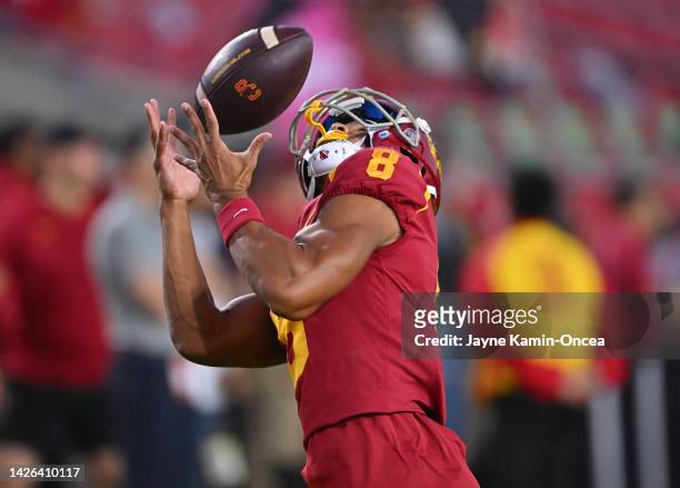 Wide receiver CJ Williams of the USC Trojans warms up for the game against the Fresno State Bulldogs at United Airlines Field at the Los Angeles...