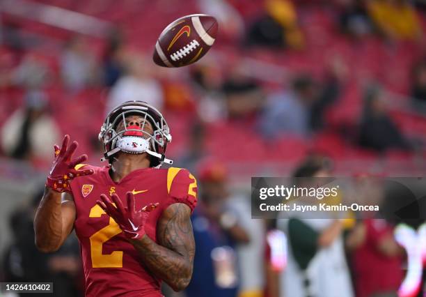 Wide receiver Brenden Rice of the USC Trojans warms up for the game against the Fresno State Bulldogs at United Airlines Field at the Los Angeles...