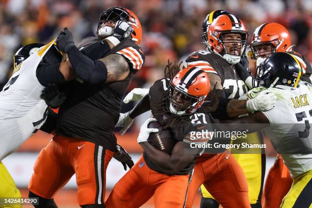Kareem Hunt of the Cleveland Browns rushes during the third quarter against the Pittsburgh Steelers at FirstEnergy Stadium on September 22, 2022 in...
