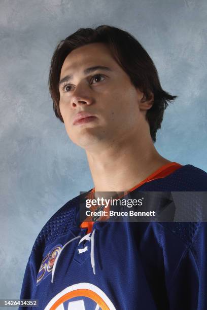 Alexander Romanov of the New York Islanders poses for a portrait during training camp at the Northwell Health Ice Center on September 21, 2022 in...