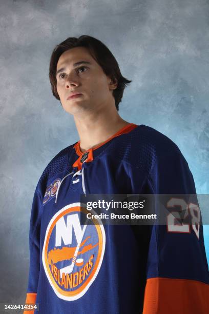 Alexander Romanov of the New York Islanders poses for a portrait during training camp at the Northwell Health Ice Center on September 21, 2022 in...