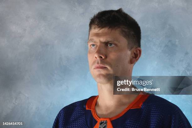 Semyon Varlamov of the New York Islanders poses for a portrait during training camp at the Northwell Health Ice Center on September 21, 2022 in East...