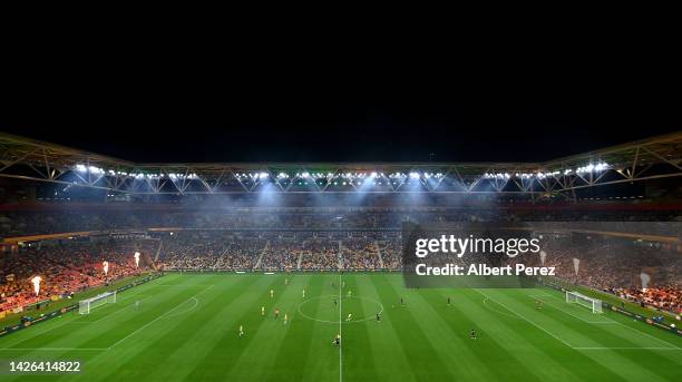 General view is seen at kick off during the International Friendly match between the Australia Socceroos and the New Zealand All Whites at Suncorp...
