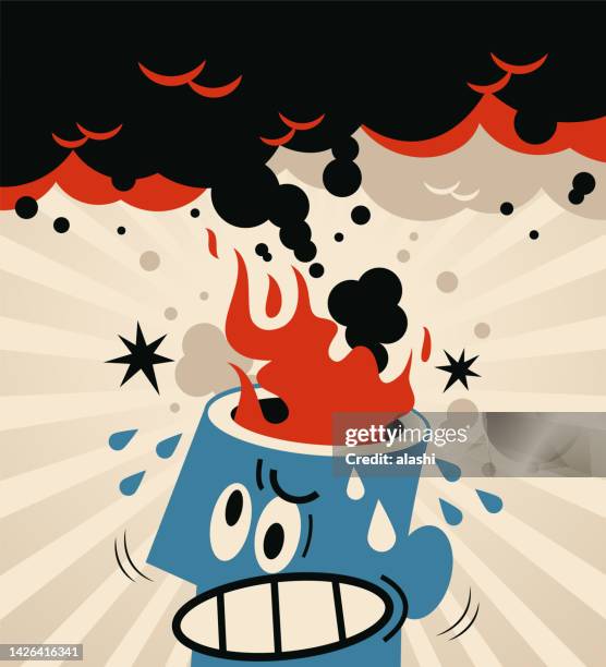 nervenzusammenbruch, ein mann brennt vor wut - hirnverbrannt stock-grafiken, -clipart, -cartoons und -symbole