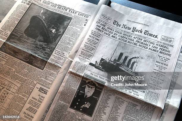 The front page of The New York Times April 15, 1912 edition details the sinking of the RMS Titanic at the opening of the "Titanic at 100: Myth and...
