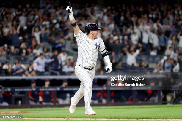 Josh Donaldson of the New York Yankees reacts after hitting a walk-off single during the tenth inning against the Boston Red Sox at Yankee Stadium on...