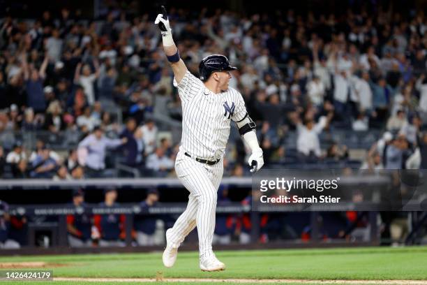 Josh Donaldson of the New York Yankees reacts after hitting a walk-off single during the tenth inning against the Boston Red Sox at Yankee Stadium on...