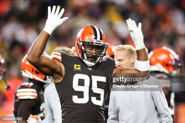 Myles Garrett of the Cleveland Browns reacts during the fourth quarter against the Pittsburgh Steelers at FirstEnergy Stadium on September 22, 2022...