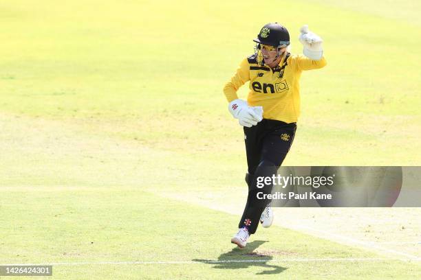 Beth Mooney of Western Australia celebrates the wicket of Matilda Lugg of the ACT Meteors during the WNCL match between Western Australia and...