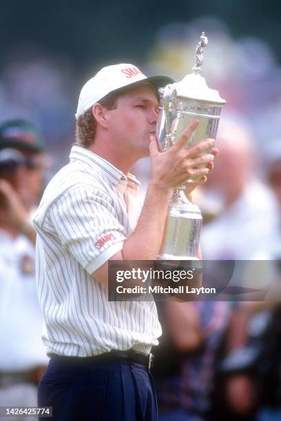 American golfer Lee Janzen celebrates winning after on the day four of the U.S. Open at Baltusrol Golf Club on June 21, 1993 in Springfield, New...