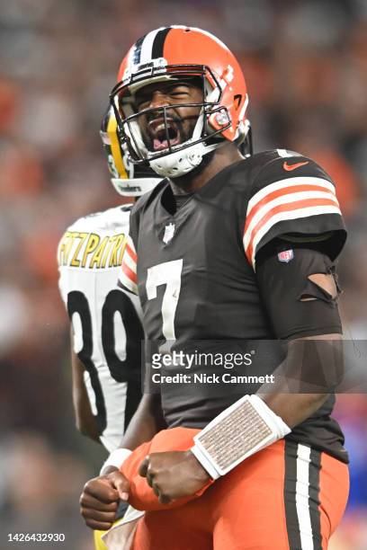 Jacoby Brissett of the Cleveland Browns celebrates a fourth down conversion during the fourth quarter against the Pittsburgh Steelers at FirstEnergy...
