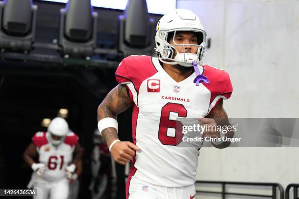 Running back James Conner of the Arizona Cardinals takes the field for warmups before a game against the Las Vegas Raiders at Allegiant Stadium on...