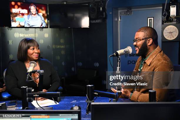 Tyler Perry talks to host Bevy Smith at Radio Andy at SiriusXM Studios on September 22, 2022 in New York City.