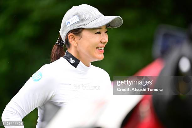 Chie Arimura of Japan smiles on the 2nd hole during the first round of Miyagi TV Cup Dunlop Ladies Open at Rifu Golf Club Mihama Course on September...