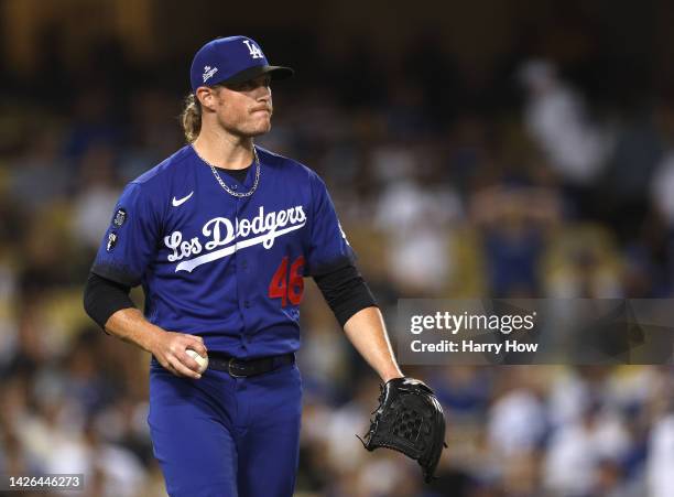 Craig Kimbrel of the Los Angeles Dodgers reacts to a Christian Walker of the Arizona Diamondbacks solo homerun, to take a 2-1 lead, during the ninth...