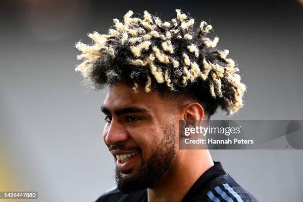 Hoskins Sotutu of the All Blacks looks on during a New Zealand All Blacks Captain's Run at Eden Park on September 23, 2022 in Auckland, New Zealand.