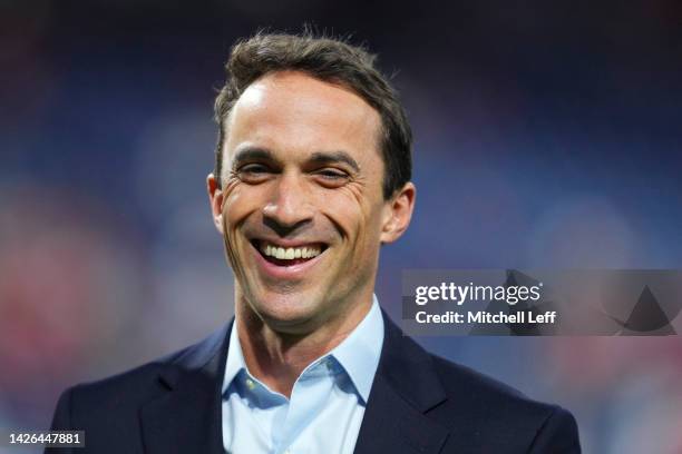 General Manager Sam Fuld of the Philadelphia Phillies smiles prior to the game against the Atlanta Braves at Citizens Bank Park on September 22, 2022...