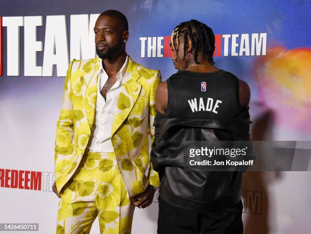 Dwyane Wade and Zaire Wade attend Special Los Angeles Screening Of Netflix's "The Redeem Team" at TUDUM Theater on September 22, 2022 in Hollywood,...