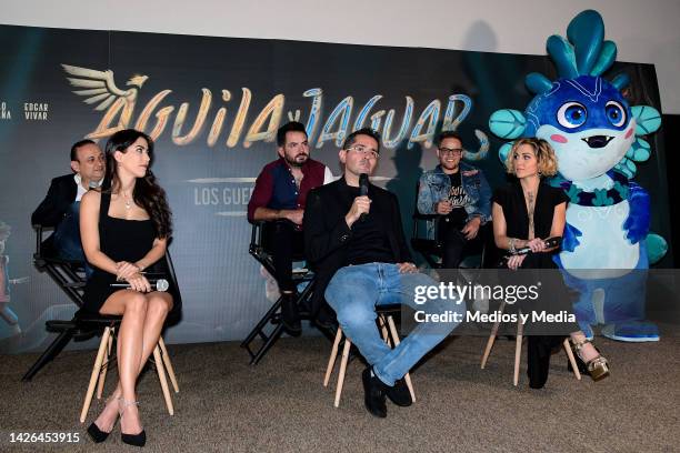 Eduardo España, José Eduardo Derbez, Yurem Rojas, Daniela Basso, Miguel Ortiz and Romina Marroquín speak during the press conference for the movie...