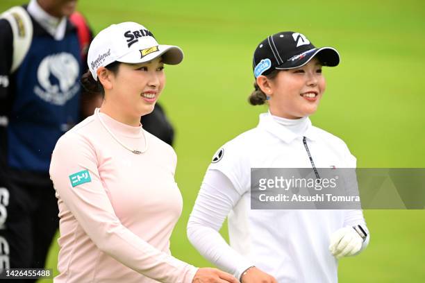 Sakura Koiwai and Yuri Yoshida of Japan are seen on the 3rd hole during the first round of Miyagi TV Cup Dunlop Ladies Open at Rifu Golf Club Mihama...
