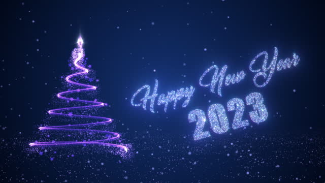 Christmas tree with happy new year wishing for year 2023 in blue