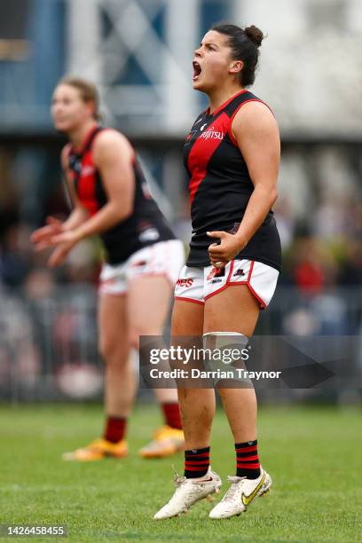 Madison Prespakis of Essendon celebrates a goal during the round five AFLW match between the Collingwood Magpies and the Essendon Bombers at AIA...