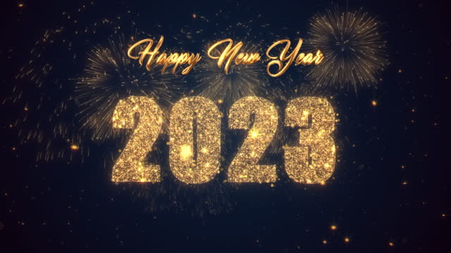 Happy New Year 2023 with glittering snowflake star field in blue background and gold text