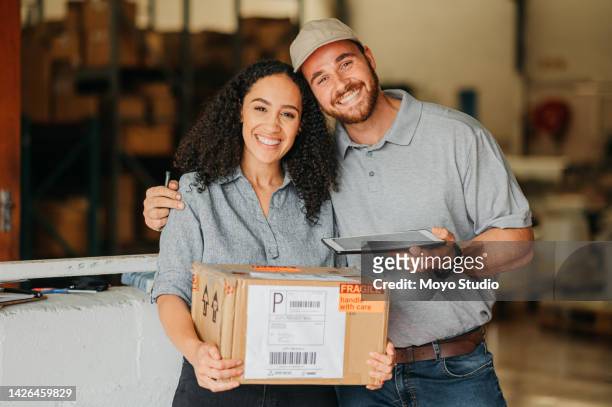 logistics stock, delivery and customer in shipping warehouse, retail factory and industrial store. smile portrait of industry people with ecommerce tablet and cargo box in manufacturing supply chain - value chain stockfoto's en -beelden