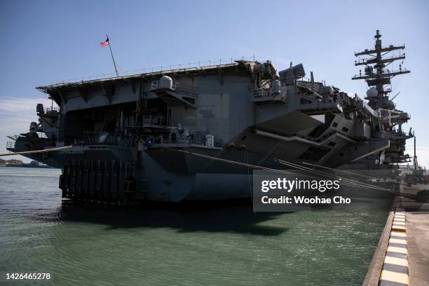 Aircraft carrier Ronald Reagan anchored in Busan Naval Base on September 23, 2022 in Busan, South Korea. The nuclear-powered USS Ronald Reagan docked...