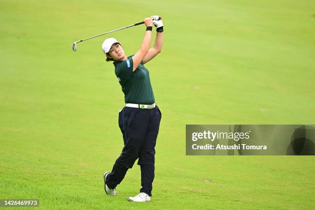 Fumika Kawagishi of Japan hits her second shot on the 5th hole during the first round of Miyagi TV Cup Dunlop Ladies Open at Rifu Golf Club Mihama...