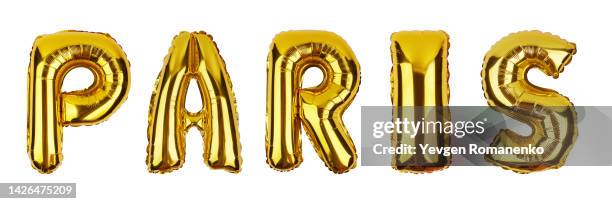 paris word made of foil balloons isolated on white background - helium balloon stock pictures, royalty-free photos & images