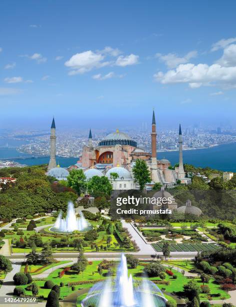 hohe sophia, hagia sophia, türkei, istanbul, blaue moschee, moschee, blaue moschee, blaue moschee, istanbul moschee - sultanahmet viertel stock-fotos und bilder