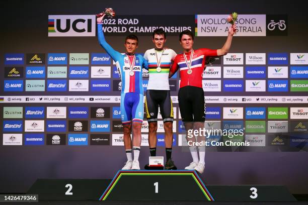 Silver medalists Mathias Vacek of Czech Republic, gold medalists and world champion jersey Yevgeniy Fedorov of Kazahkstan, and bronze medalists Søren...