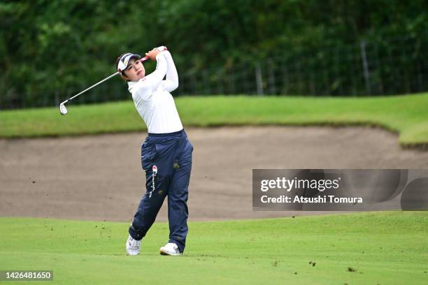 Miyuu Yamashita of Japan hits her second shot on the 17th hole during the first round of Miyagi TV Cup Dunlop Ladies Open at Rifu Golf Club Mihama...