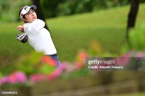 Miyuu Yamashita of Japan hits her tee shot on the 18th hole during the first round of Miyagi TV Cup Dunlop Ladies Open at Rifu Golf Club Mihama...