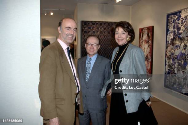 Jean-Francois de Canchy, Daniel Templon and Lise Toubon attend the Opening of an Exhibition during the 1990s in Paris, France