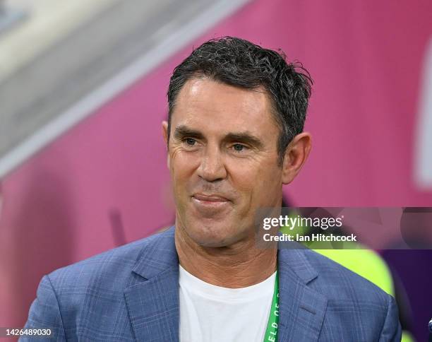 Television commentator Brad Fittler looks on during the NRL Preliminary Final match between the North Queensland Cowboys and the Parramatta Eels at...