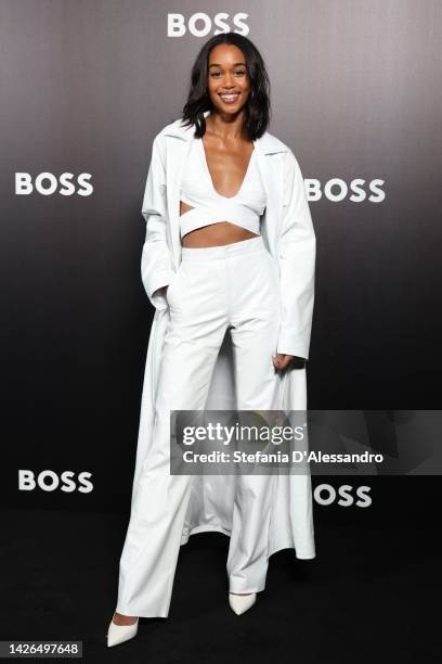 Laura Harrier is seen arriving at the Boss Fashion Show during the Milan Fashion Week Womenswear Spring/Summer 2023 on September 22, 2022 in Milan,...