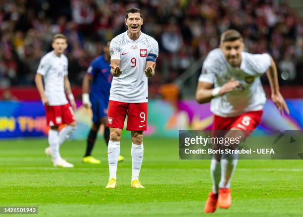 Robert Lewandowski of Poland reacts during the UEFA Nations League League A Group 4 match between Poland and Netherlands at PGE Narodowy on September...