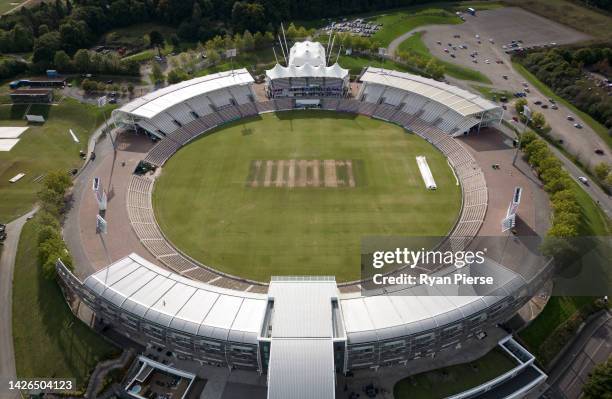 An aerial view of the Ageas Bowl after day three of the LV= Insurance County Championship match between Hampshire and Kent at Ageas Bowl on September...