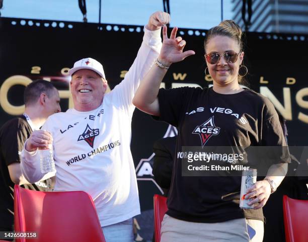 Las Vegas Raiders owner and managing general partner and Las Vegas Aces owner Mark Davis and head coach Becky Hammon of the Aces are introduced...