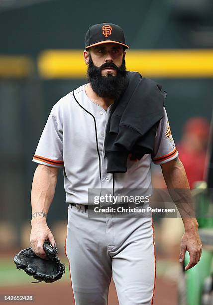 Relief pitcher Brian Wilson of the San Francisco Giants during the MLB game against the Arizona Diamondbacks at Chase Field on April 8, 2012 in...