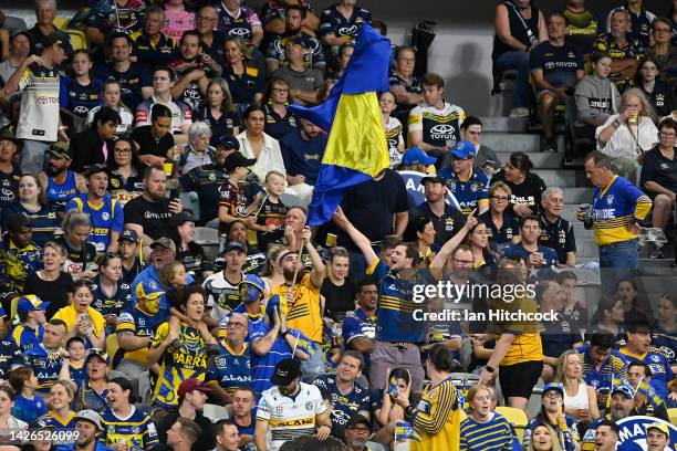 Eels fans show their support during the NRL Preliminary Final match between the North Queensland Cowboys and the Parramatta Eels at Queensland...